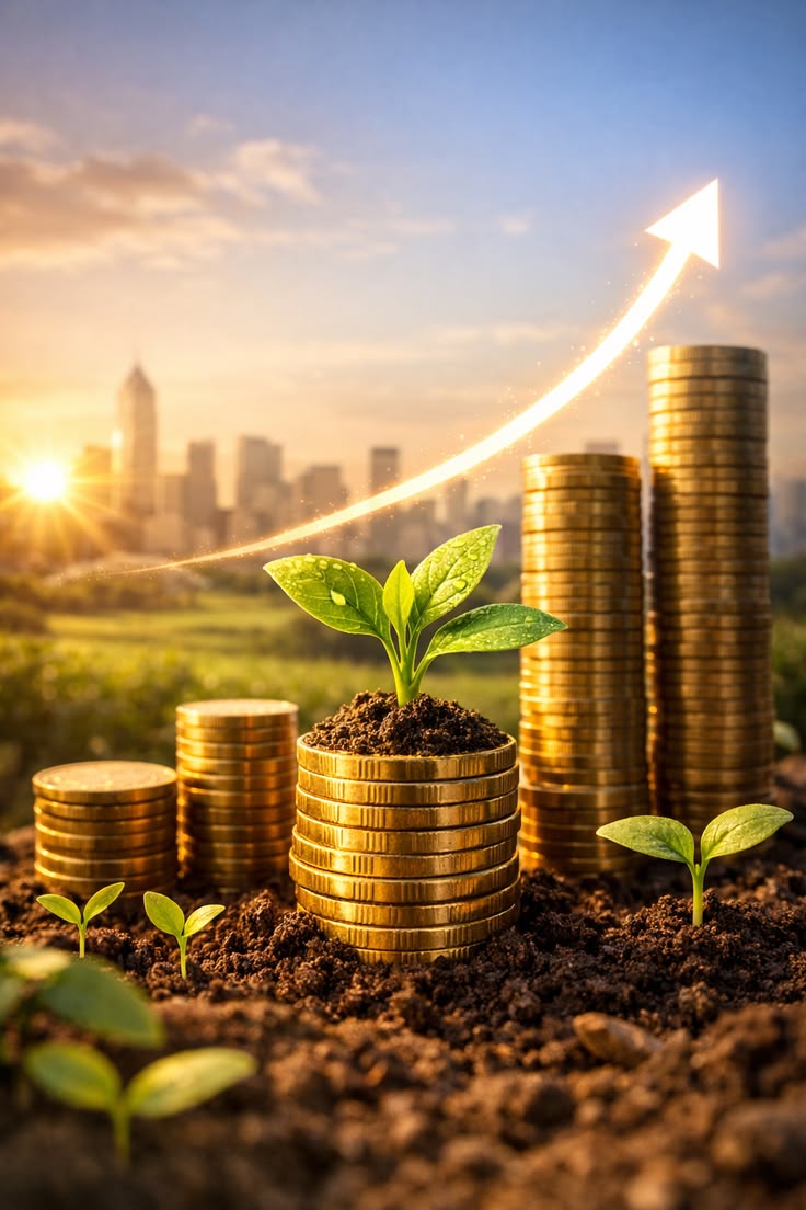 Green finance concept with plants and coins